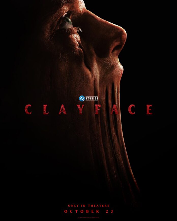 Official poster for DC Studios’ Clayface featuring the villain’s face melting into dark clay.