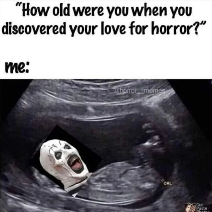 Funny horror meme showing Art the Clown in an ultrasound image.