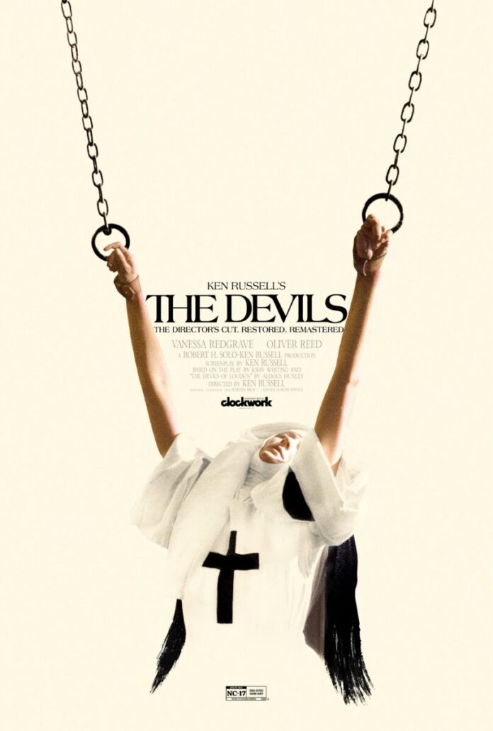 The Devils 4K restoration poster featuring a woman in white hanging from chains