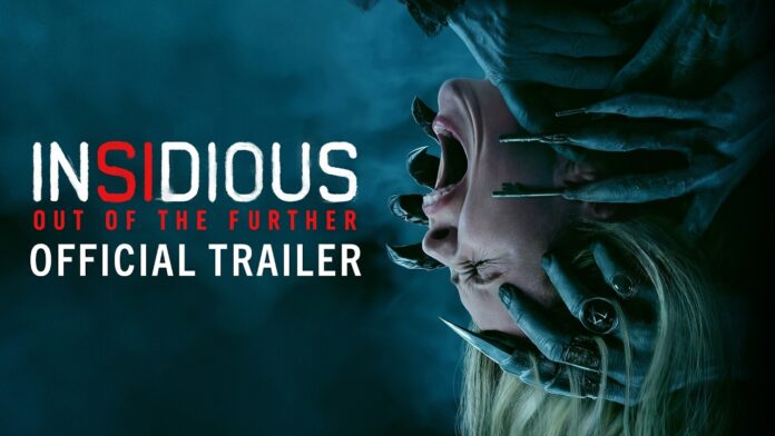 Insidious: Out of the Further official trailer poster featuring a woman trapped by a demonic figure