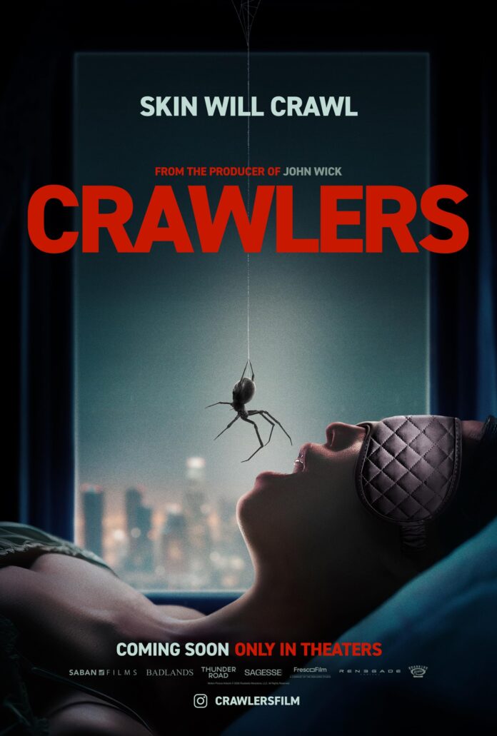 Crawlers horror movie poster featuring a spider hanging above a woman