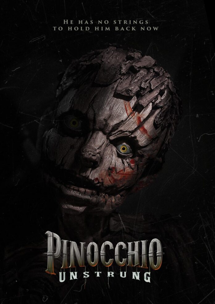 Pinocchio Unstrung horror movie poster featuring the sinister Pinocchio