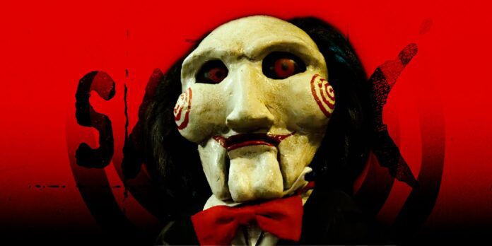 Jigsaw from the SAW horror franchise against a red and black background
