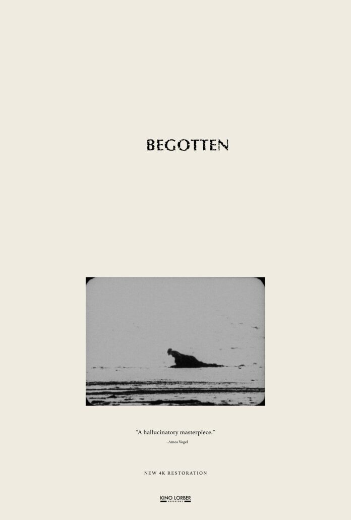 Begotten 4K restoration poster featuring a black-and-white image from the experimental horror film