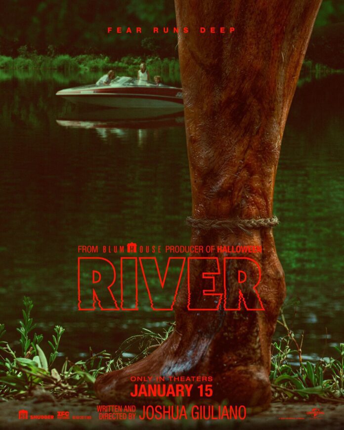 River horror movie poster showing a mysterious, scarred leg beside a dark river, with a boat carrying three people in the background