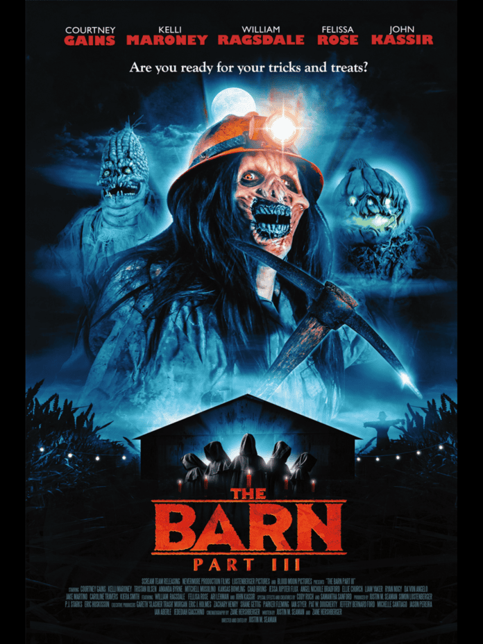 The Barn Part III horror movie poster featuring a terrifying masked figure with glowing eyes, two monsters, and a group of hooded figures beneath a full moon.