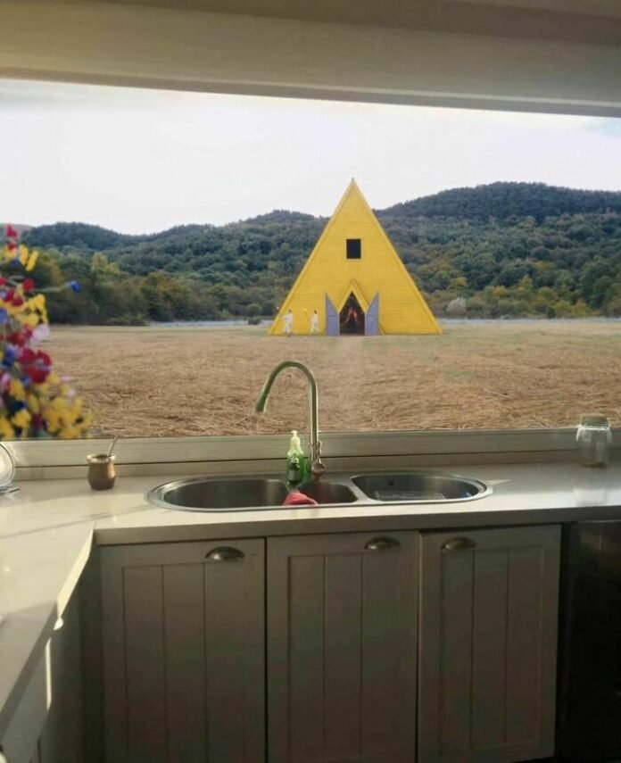 horror meme with a creepy cult-like view outside a kitchen window
