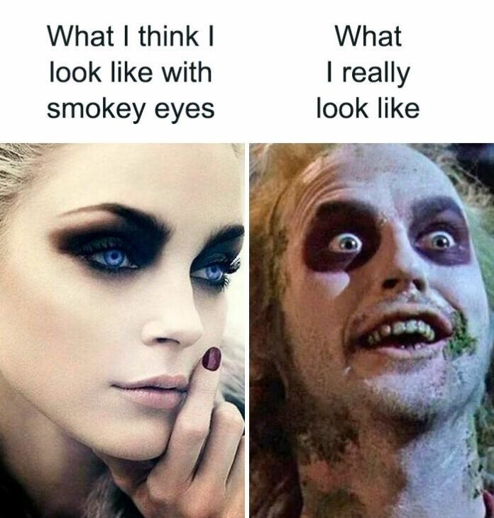 horror meme about smokey eyes makeup expectation vs reality