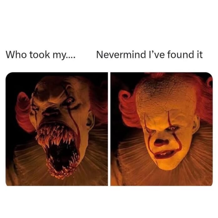 Funny Pennywise meme showing the clown turning from monster form to normal after finding something