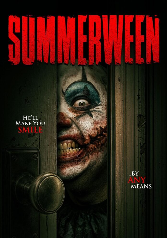 Official Summerween poster showing a terrifying clown peering through a partially opened door with a sinister grin and damaged face makeup.