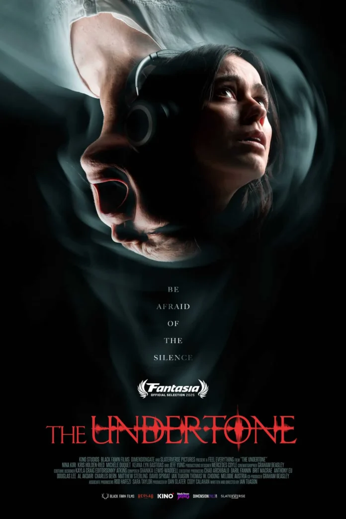 Official poster for The Undertone featuring Nina Kiri wearing headphones as a ghostly face emerges behind her