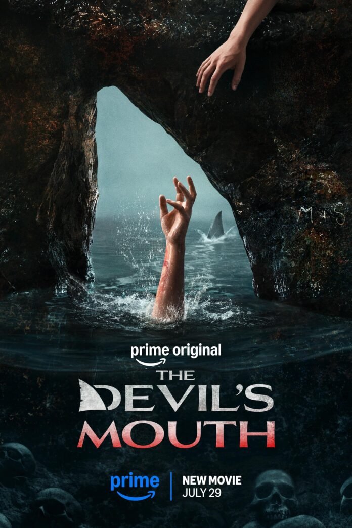 Official poster for The Devil’s Mouth, an underwater shark survival horror film starring Kathryn Newton and Lana Condor