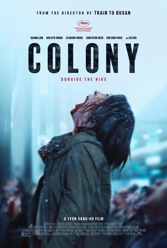 Official poster for Yeon Sang-ho’s horror thriller Colony, featuring an infected victim surrounded by an outbreak