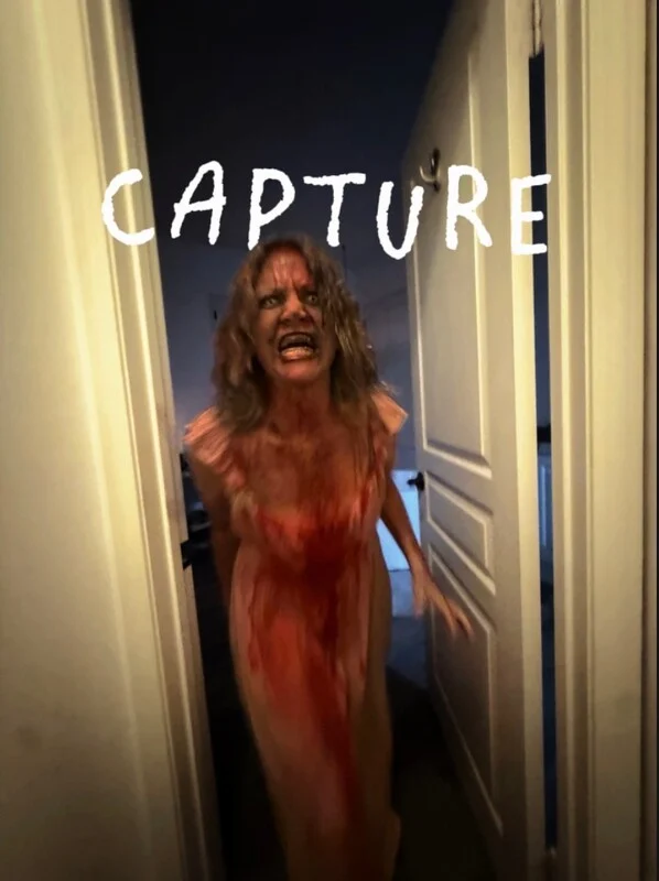 Poster for the horror short CAPTURE, showing a bloodied woman screaming in a doorway.