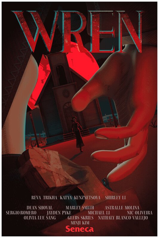 Red-and-black poster for the animated horror short WREN, showing a large hand reaching toward a woman near a church.